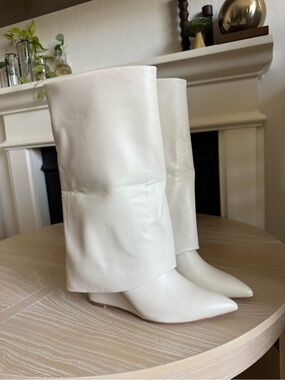 Boutique|Off-White foldover slouchy Pointed-Toe Mid-Calf faux leather Boots•NEW